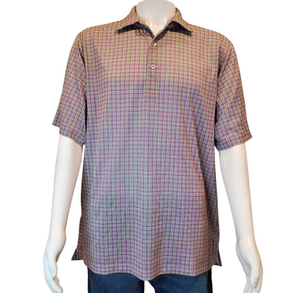DONALD ROSS  Golf Polo Mens Plaid Stretch Knit Shirt Blue Green Pink Yellow